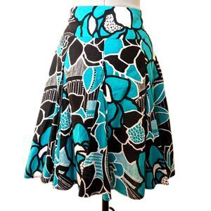 Vintage 90s INC Teal & Black 100% Cotton Pleated Full Knee Length Skirt, Sz 4/6